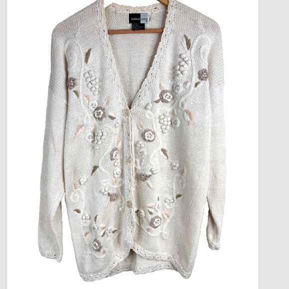 VTG 90s Granny Cardigan L Embroidered Floral Bobble Cottage Granny Chunky Ivory - Picture 10 of 10